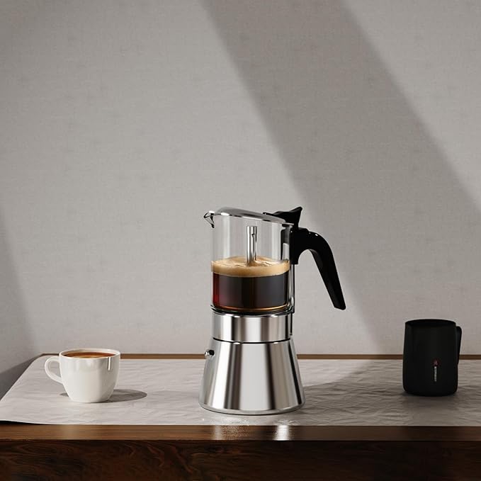 SIXAQUAE Stovetop Espresso Maker, Crystal Glass-top & Stainless Steel Espresso Moka Pot,Classic Italian coffee maker（360ml）