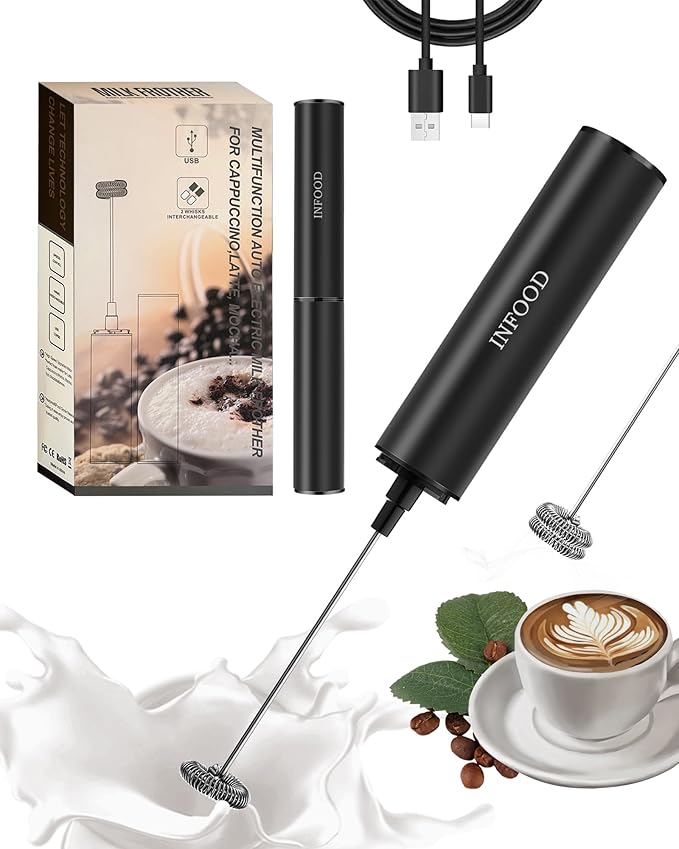 INFOOD Rechargeable Milk Frother with Cover, 2-Speed, 2 Whisks, Black