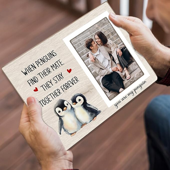 Penguin Photo Frame Gift, Engagement Picture Frame, Wedding Gifts for Couple, Valentine's Gift for Him Her, Anniversary Couple, fits 4x6 Photo, When Penguins Find Their Mate They Stay Together Forever