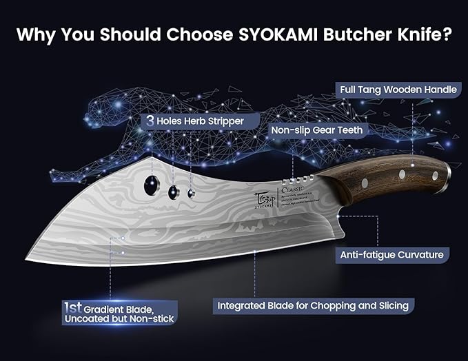SYOKAMI Butcher knife for Meat Cutting, 10 Inch Cleaver with Herb Stripper