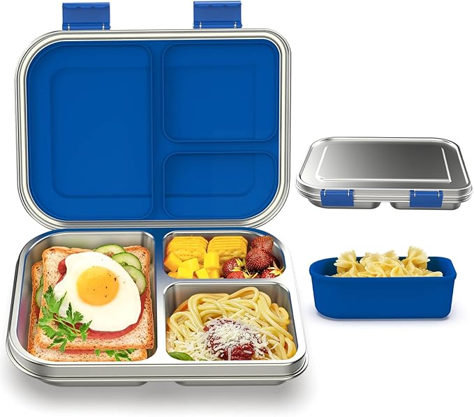 BABHAMNESS Stainless Steel Bento Box Kids, 3 Compartments Leak Proof Metal Bento Lunch Box, 304 Stainless Steel Bento Lunch Containers for School and Office,Dishwasher Safe, BPA-Free-Blue