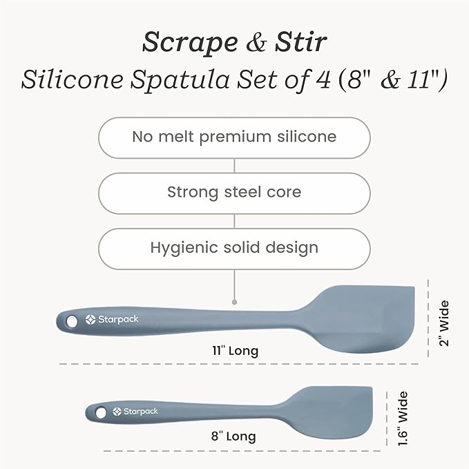 Starpack 'Scrape and Stir' Silicone Rubber Spatula Set (4-Piece) - LFGB Non Toxic, 600°F Heat Resistant, BPA-Free, One-Piece Kitchen Baking Spatulas - Dishwasher Safe for Nonstick Cookware Light Blue