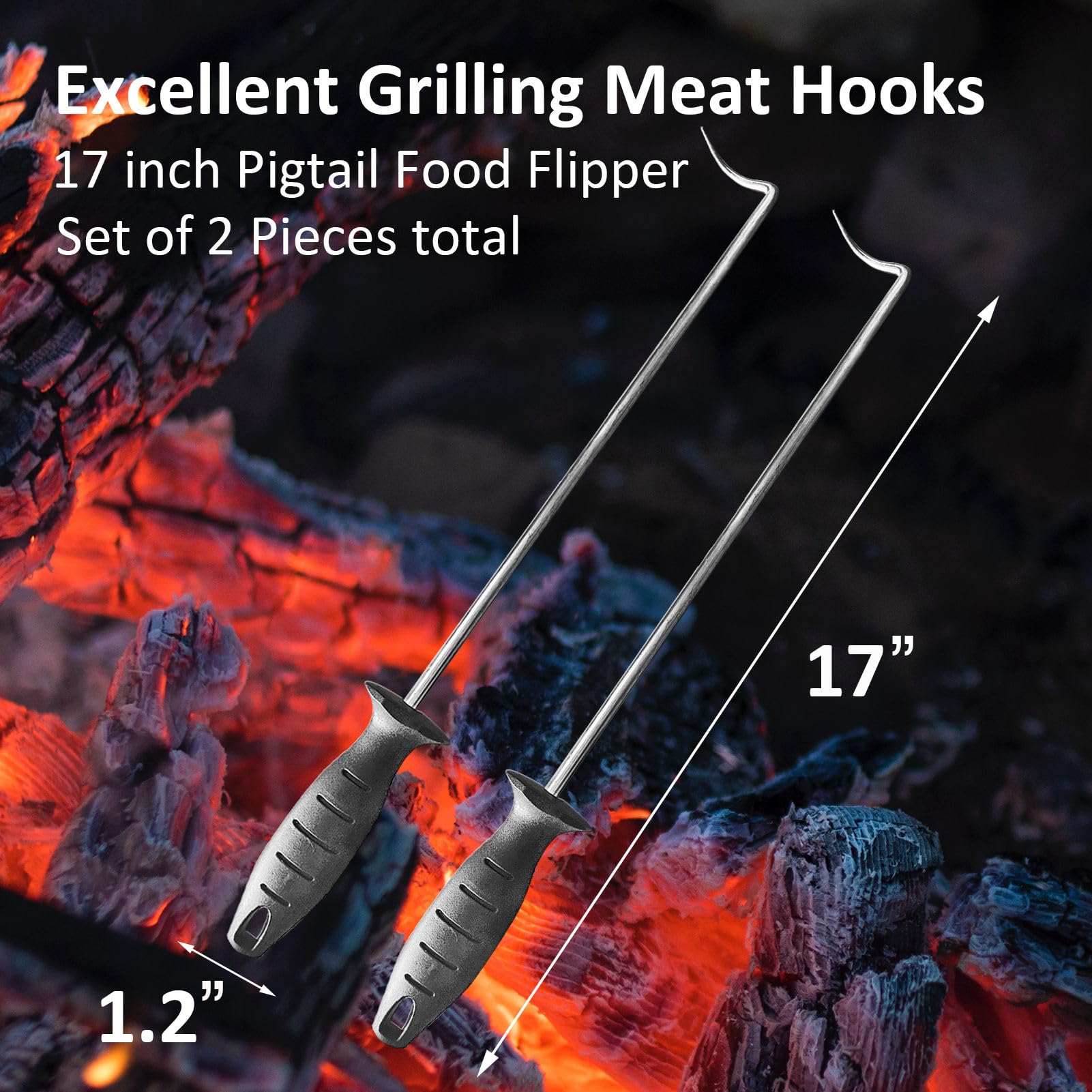 [ 2 Pack ] Large 17 inch Pigtail Food Flippers - Premium Stainless Steel Meat Turner for Grilling and Cooking, Meat hook Replaces Tong and Spatula. Turns, Flips, and Carries Food Quickly and Safely