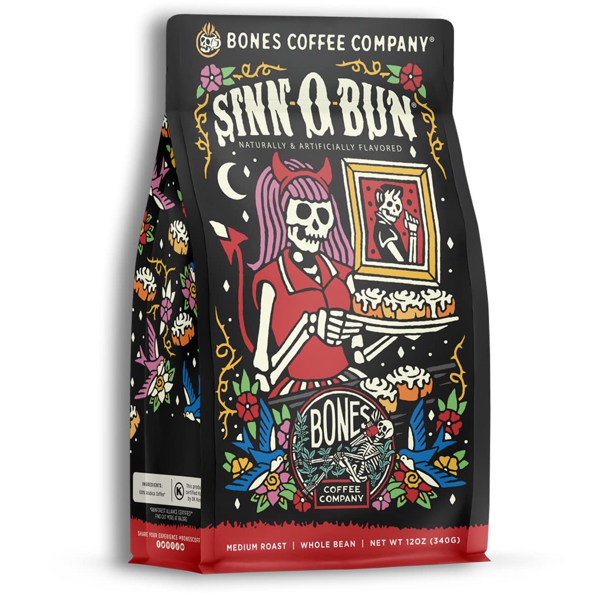 Bones Coffee Company Cinnamon Roll Flavored Coffee, Medium Roast Low Acid Arabica Beans Compatible with Auto drip and French Press Coffee Maker, 12 Oz Whole Bean
