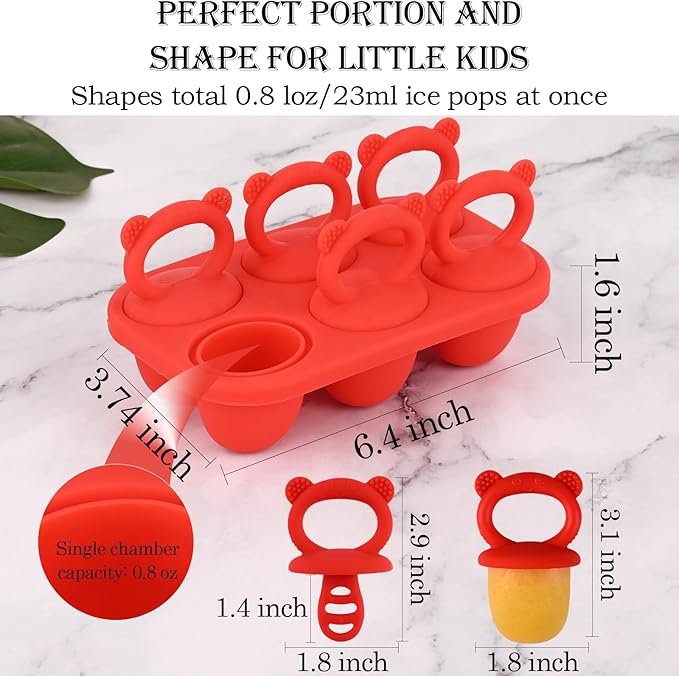 Sakolla Baby Popsicle Molds Mini 6-Cavity Silicone Ice Pop Mold with Sticks Breastmilk Popsicle Molds for Teething Relief Toddler Popsicle Mold for Ice Cream Frozen Yogurt and Fruit Juice (Red)