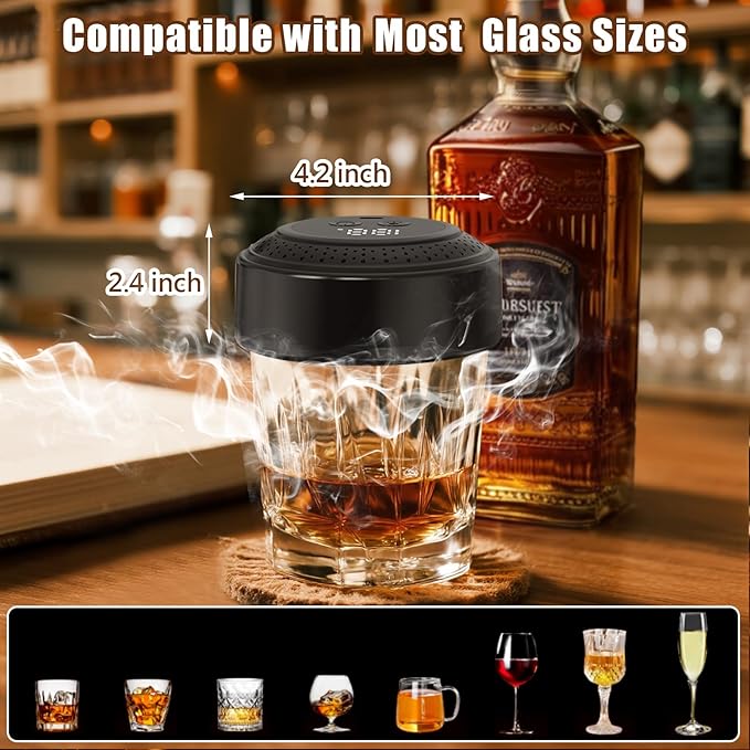 Electric Whiskey Smoker Kit, Rechargeable Cocktail Smoker Kit with 6 Wood Chips, Built-in Lighter, No Butane Needed, Old Fashioned Smoker kit，Gifts for Men, Dad, Husband (Black)