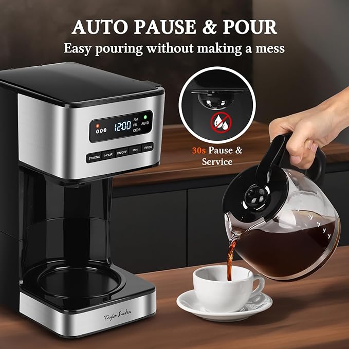 Taylor Swoden Programmable Coffee Maker 12 Cup, Black & Stainless Steel