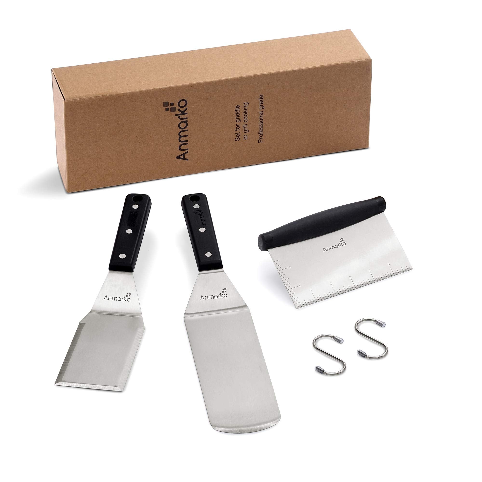 Anmarko Metal Spatula Stainless Steel Scraper - Professional Chef Griddle Spatulas Set of 3 - Heavy Duty Accessories Great for Cast Iron BBQ Flat Top Grill Skillet Pan - Commercial Grade