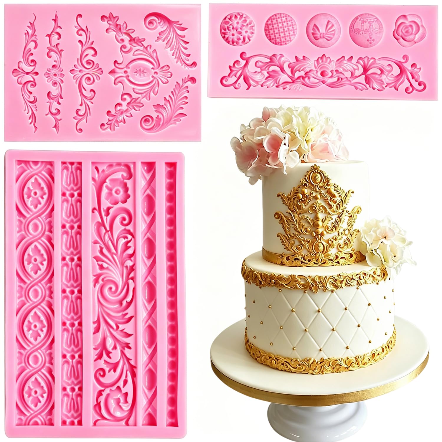 Baroque Silicone Molds, AIMEIKI 3 Pack Baroque Border Fondant Molds Scroll Lace Mold Vintage Curlicues Baking Molds for Cake Decorating, Chocolate, Cupcake Topper, Clay Crafts