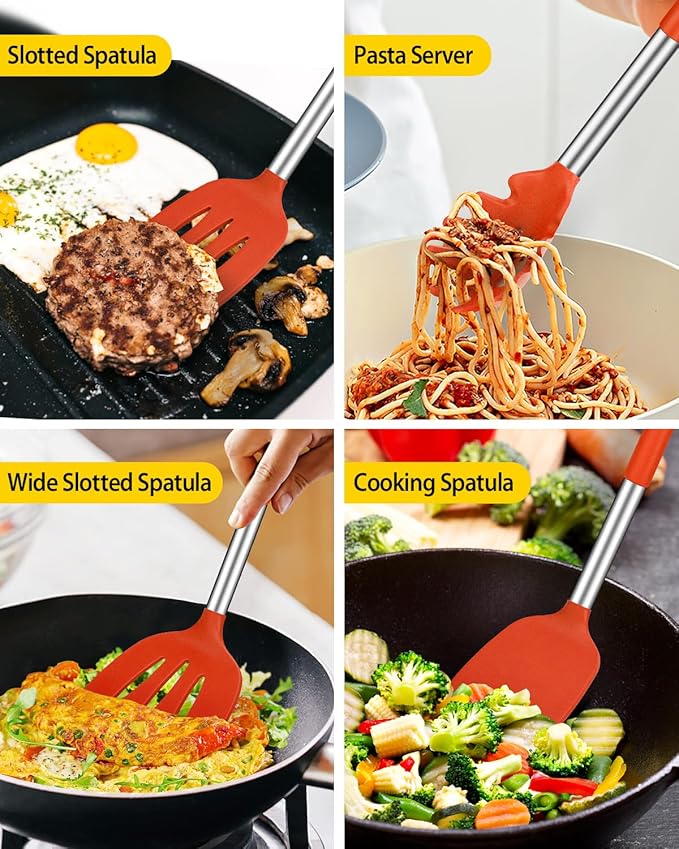 Silicone Cooking Utensils Set, 8 Pcs Kitchen Utensils with Holder, Red