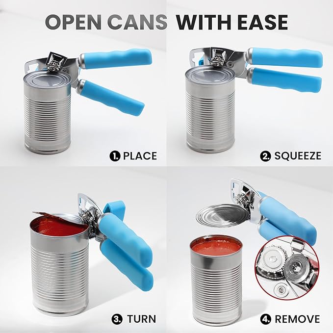 Zulay Kitchen Heavy Duty Stainless Steel Can Opener Manual with Bottle Opener - Rust Proof Manual Can Opener With Turn Knob & Comfy Soft Grip Handles - Aqua
