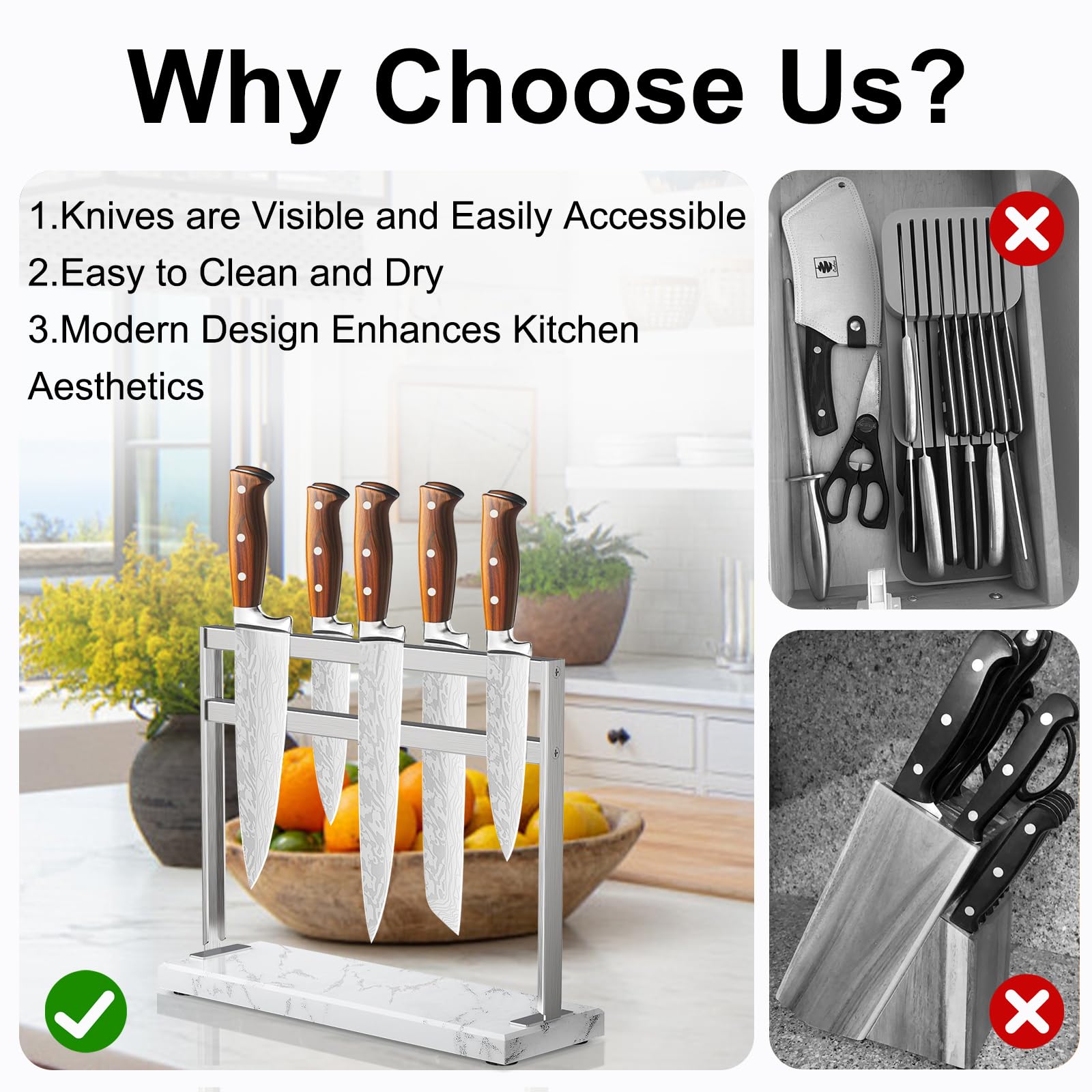 HomeSimplex Magnetic Knife Block Stand - Marble Base Magnetic Knife Holder for Counter Top - Double Sided Knife Block without Knives - Stainless Steel Magnetic Kitchen knife holder - White