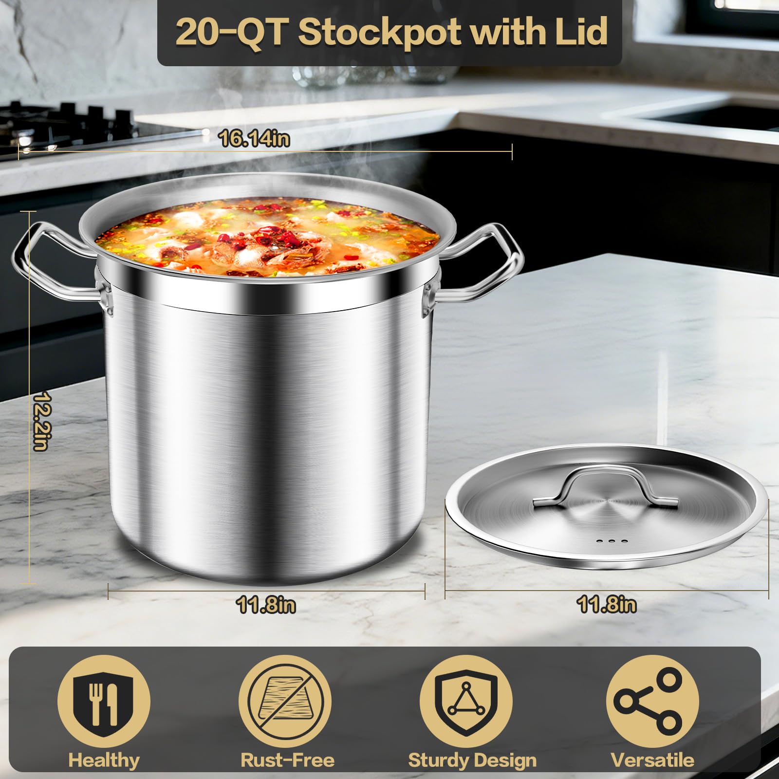 Stainless Steel Stock Pot，20QT Large Stock Pot with Lid for Boiling Cooking Soup Stew Canning, Heavy Duty Tri-Ply Bottom for Boiling Cooking Soup Stew Canning Cooking Pots, Cookware Sauce Pots