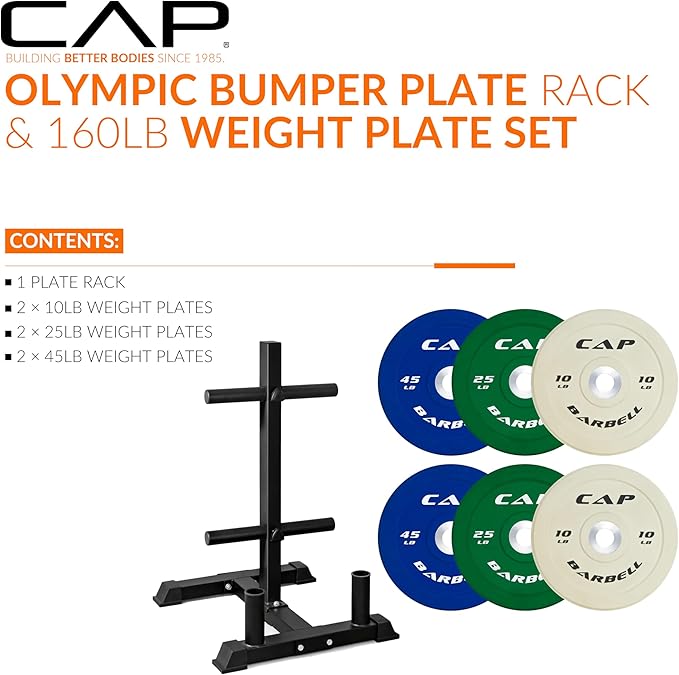 CAP 160lb Competition Olympic Bumper Plate Set with Compact Storage Rack