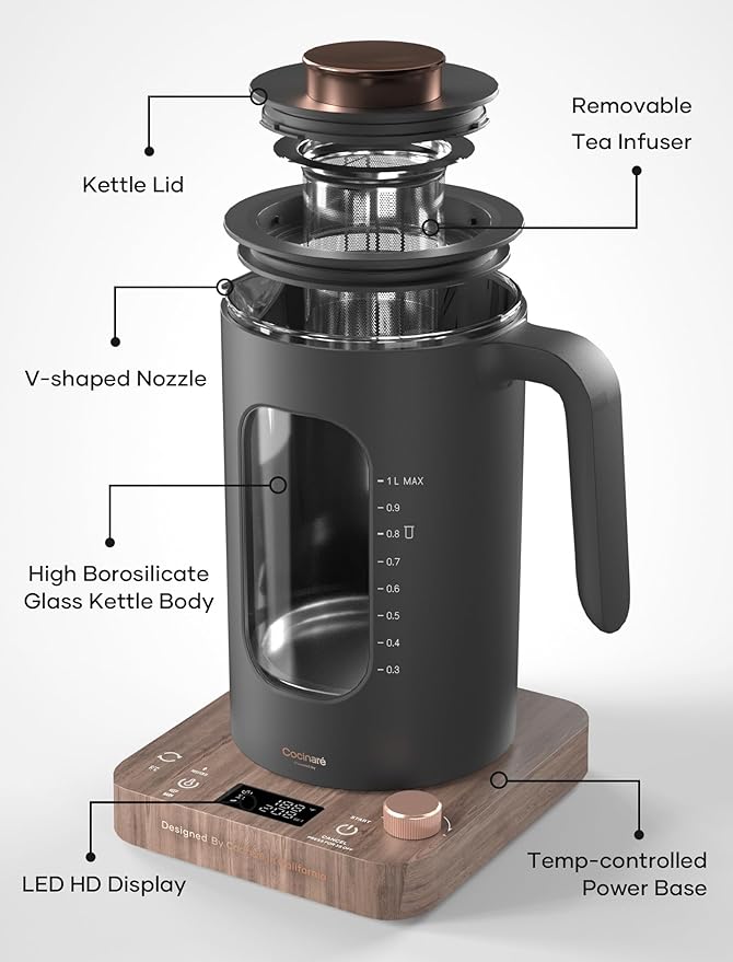 INTASTING Electric Tea Kettle with Infuser, 1℉ Temperature Control, 1 Liter