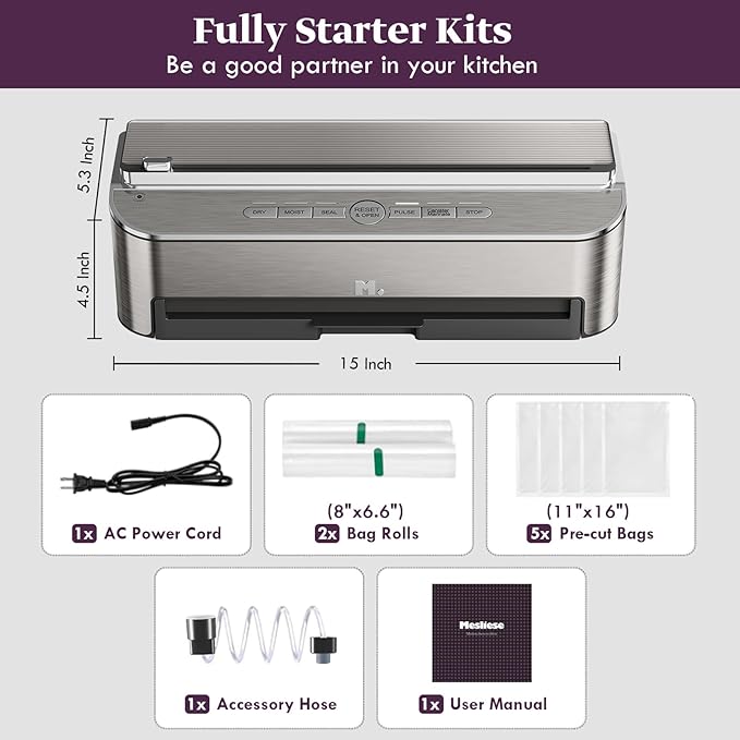Mesliese Vacuum Sealer, 85kPa 120W, Dry & Moist Mode, 2 Rolls + 5 Bags
