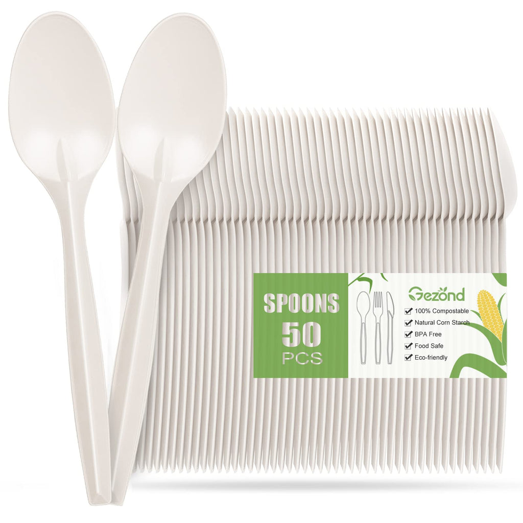 Gezond Compostable Spoons 50 Pack 6.7 Inch Disposable Spoons No Plastic Biodegradable Cutlery Set Heavy-duty for Party Wedding Camping Office Picnic