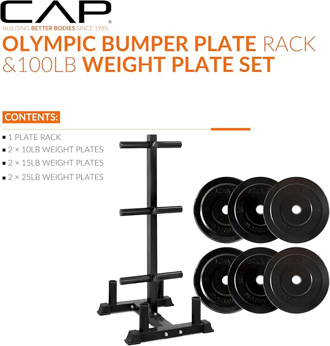 CAP 100lb Elite Olympic Bumper Plate Set with Storage Rack