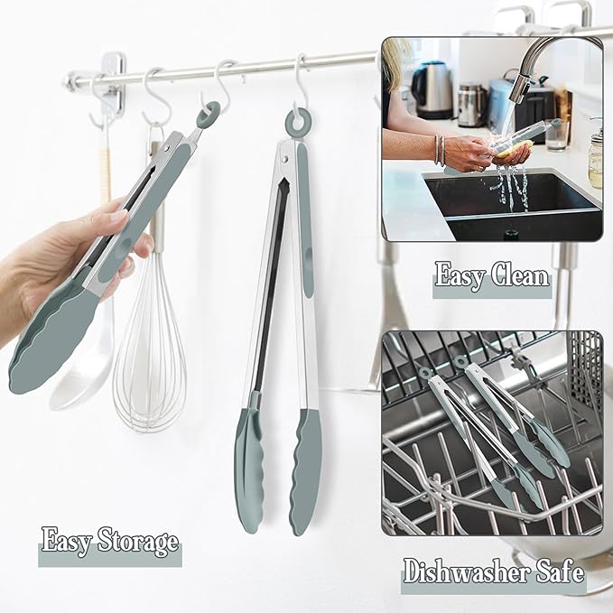 TeamFar Kitchen Tongs, 9"&12" Stainless Steel Heat Resistant Cooking Tongs