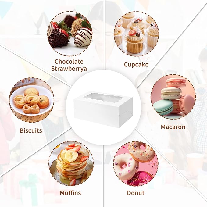 PFAMKEER Bento Cake Box With Cupcakes, Clear Window 5 Holes Bento Combination,6 Sets: Cookie Boxes Fit 4 Regular Cupcake and Mini Cakes, Christmas Wedding Birthday Party (White/clear, 1+4/6pcs)