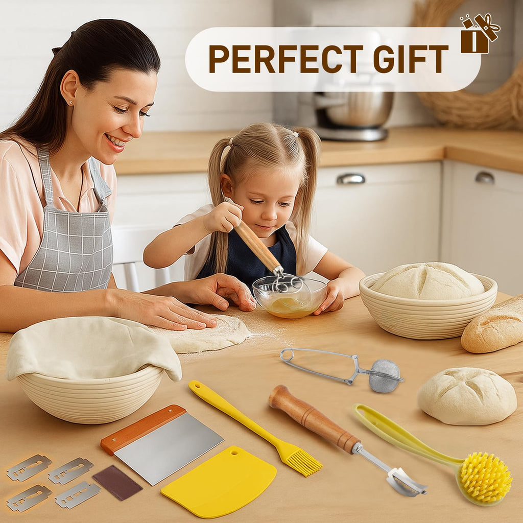 Banneton Bread Proofing Basket, Sourdough Starter Kit, 9" Round Sourdough Bread Baking Supplies with Dough Whisk, Bread Lame, Brush, Scrapers, Flour Duster & Stencils, Bread Making Tools Gift Set