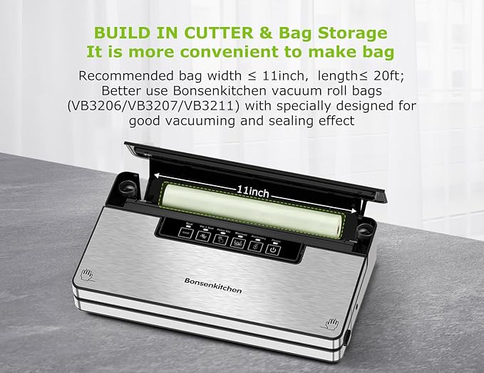 Bonsenkitchen Vacuum Sealer for Food, with Cutter&Bag Storage,Silver Black