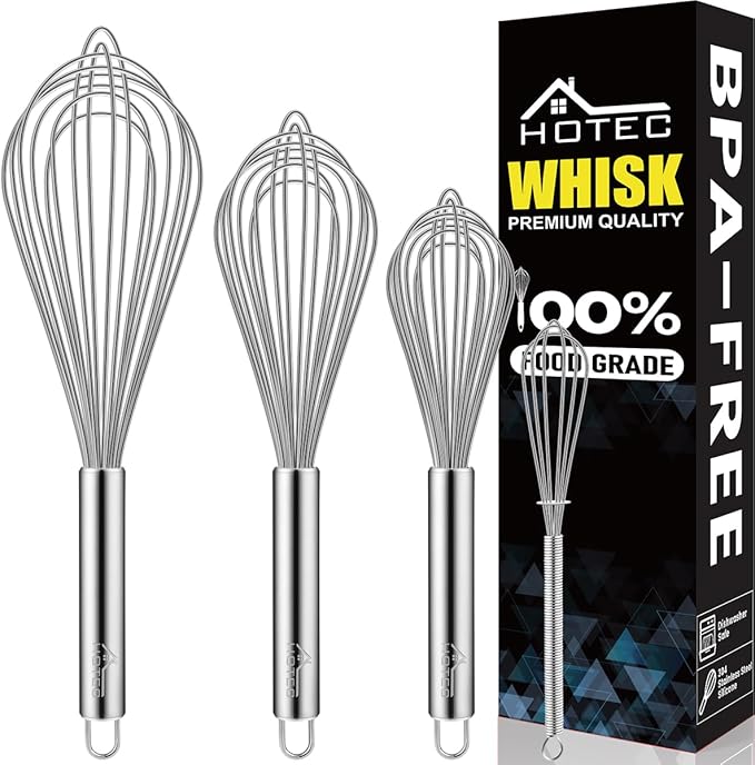 HOTEC Stainless Steel Whisk Set of 4, Food Grade Balloon Whisk Egg Beater, Thicken Wire Mixing Whisk for Baking, Cooking, Whisking Cream, Sauce, Pancake Batter