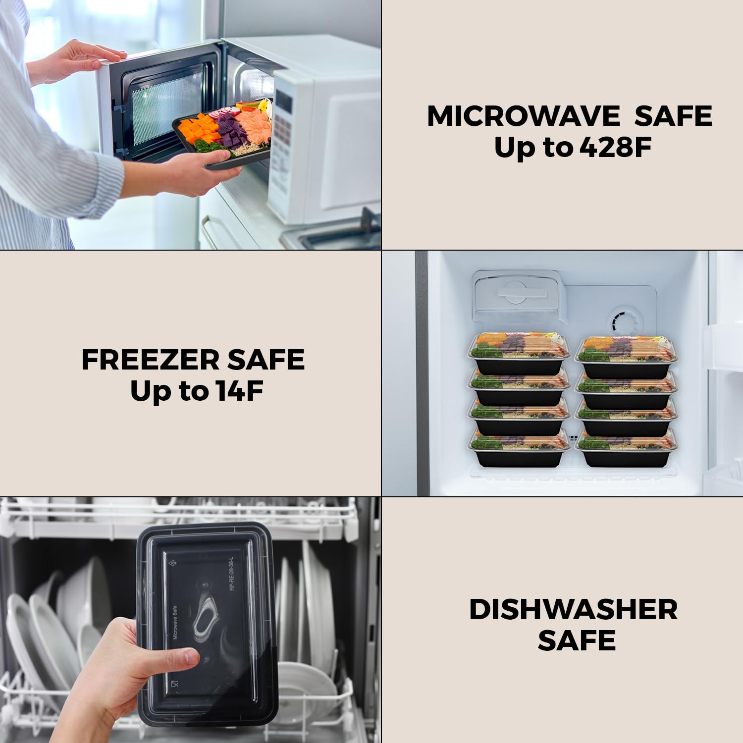 Klex 16 Oz, 50 Sets Meal Prep Containers with Airtight Lids, BPA Free, Reusable Plastic Food Container, 16 oz, Rectangular, Black/Clear, 50 Sets