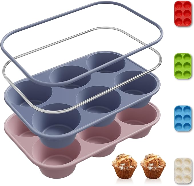 Socisen 2 Pack 6 Cups Jumbo Muffin Pan with Metal Reinforced Frame Silicone Molds Egg Bites Silicone Circle Cookie Molds Extra Large Muffin Tin Jumbo Tart Pans Baking Sheet Set for Sandwiches