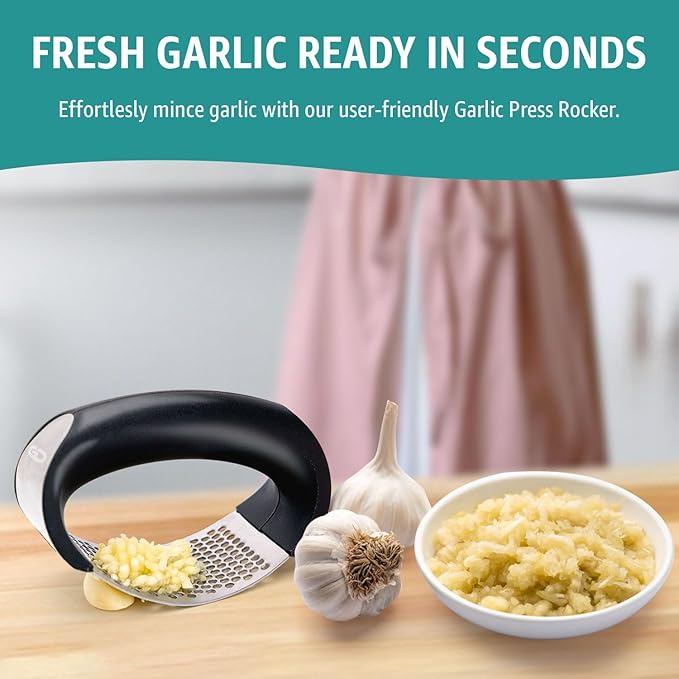 Garlic Press Rocker – Stainless Steel Garlic Mincer, Crusher & Chopper Tool with Peeler, Spatula & Brush – Easy-Press Garlic Press for Mincing Cloves, Ginger & Nuts, Comfortable Ergonomic Handle