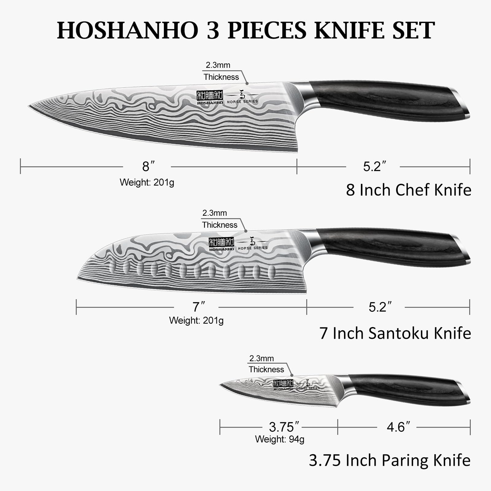 HOSHANHO 3 Pcs Knife Set, Professional Kitchen Knife Set, Pakkawood Handle