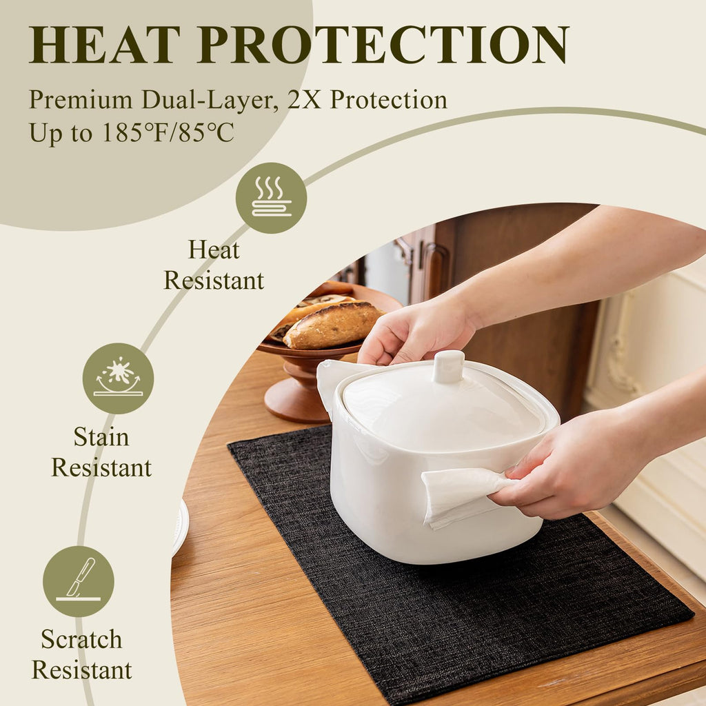 KXN Placemats Set of 6, Dual-Layer Thickened Faux Linen Table Mats, Heat Resistant & Wrinkle-Free, Machine Washable Cloth Place Mats for Kitchen Dining Indoor Outdoor (Black)