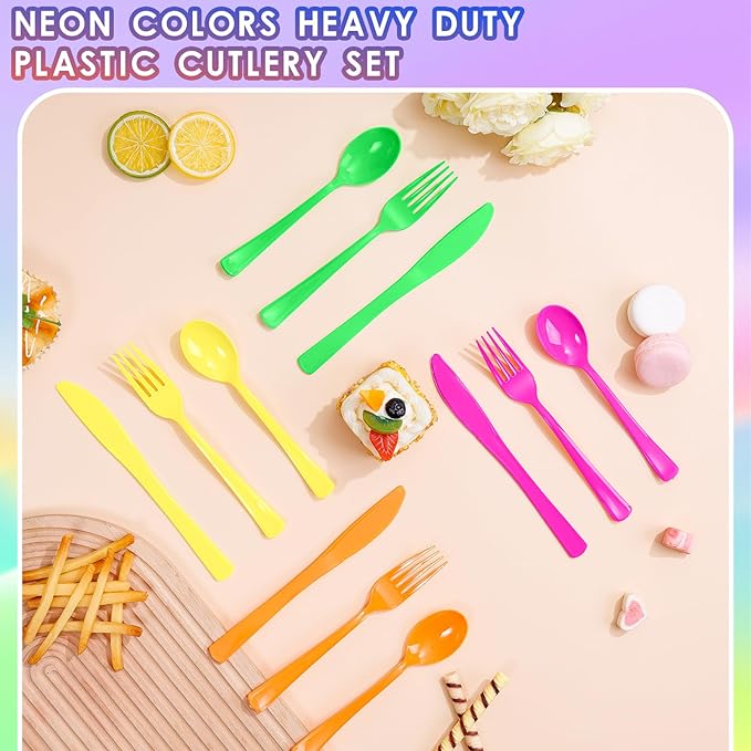 ALEXPRE 300 Pack Neon Party Disposable Plastic Silverware Heavy Duty, Plastic Cutlery Set, Forks and Spoons Knives Set for Birthday Party Prom Night, Weddings（Orange,Green, Hot Pink, Yellow Colors）