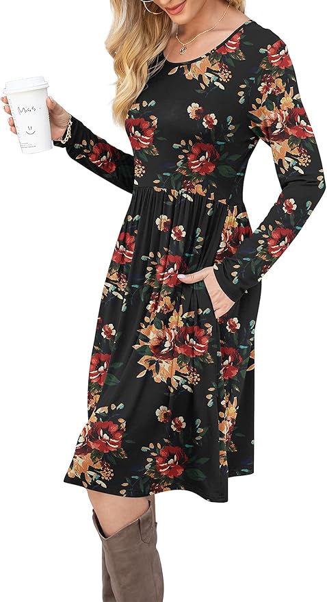 DB MOON Women Casual Long Sleeve Dresses Empire Waist Loose Dress with Pockets (Brown Floral Black, 3XL)