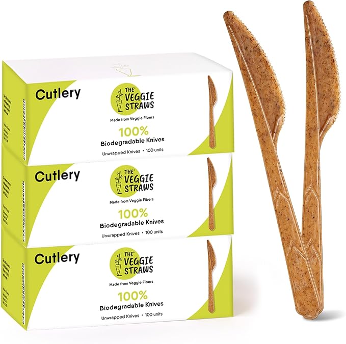 Premium Quality 100% Biodegradable Knives Made of Vegetable Fibers, 300 PCS of 6.7” Long Heavy-Duty and Splinter Free Eco-Friendly Knives, Perfect Sustainable Cutlery for All Types of Occasions
