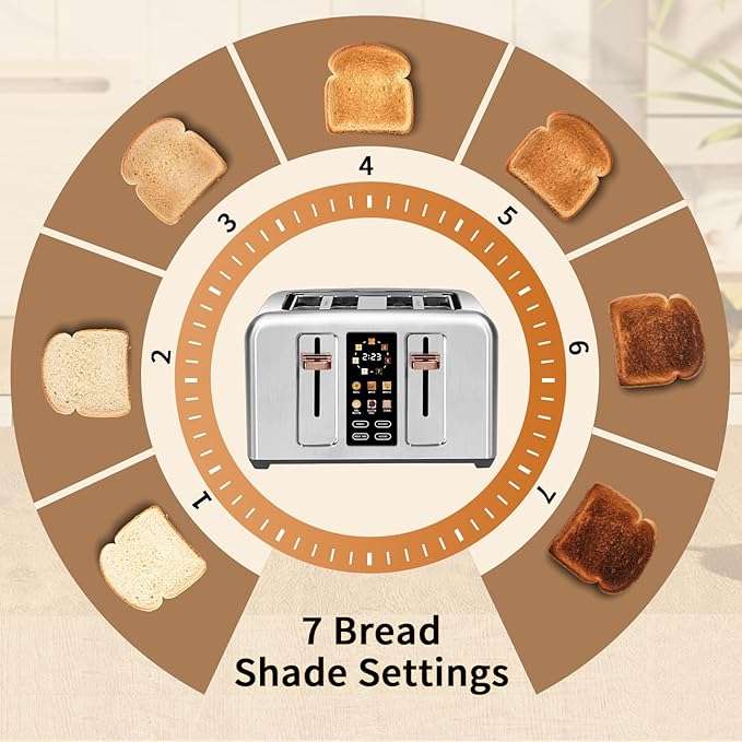 SEEDEEM Touchscreen Toaster 4 Slice, 7 Shade, Stainless, 1800W Silver Metallic