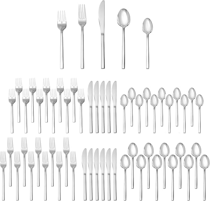 Fortessa Arezzo 18/10 Stainless Steel Flatware, 60 Piece Place Setting (Service for 12), Silver