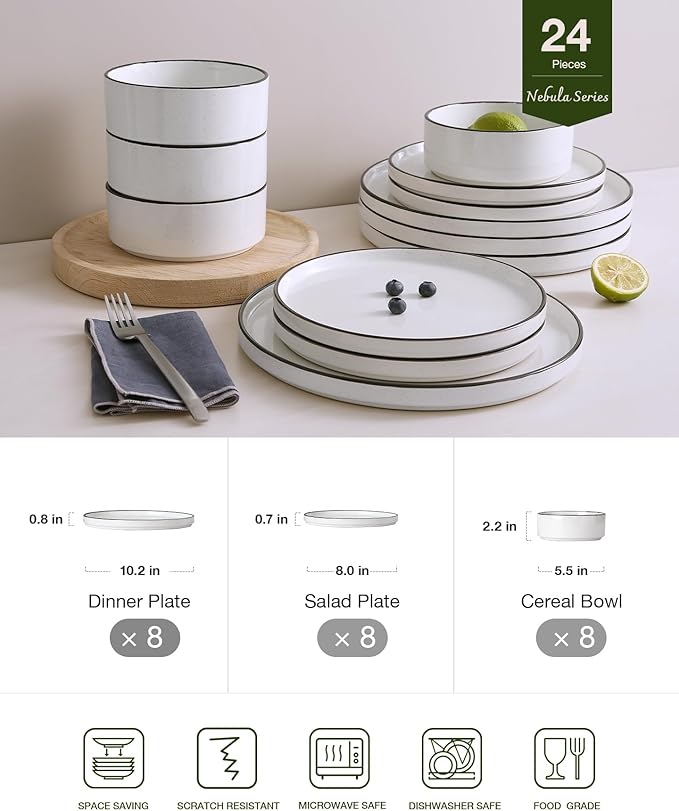 Famiware Nebula 24-Piece Dinnerware Set, White with Black Rim