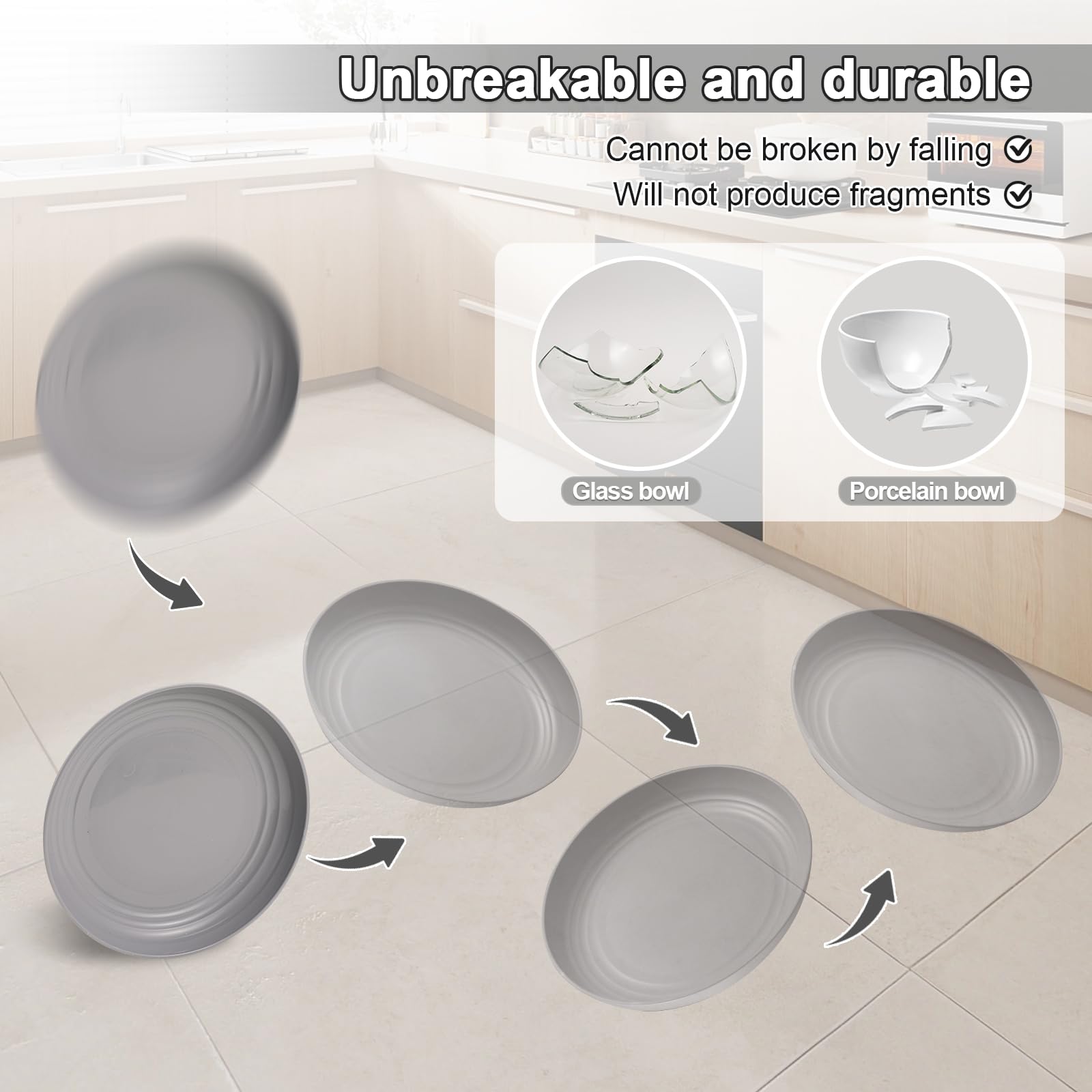 HEYCOME 12 Pcs Unbreakable Deep Dessert Plates Set, 8 inch Reusable Plastic Wheat Straw Plates, Microwave and Dishwasher Safe Plate for Kitchen, Lightweight Plate for Dessert, BPA Free, Black