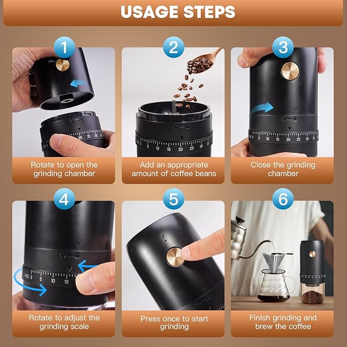 Portable Electric Coffee Grinder, 40 Settings, Conical Burr, USB-C, Black