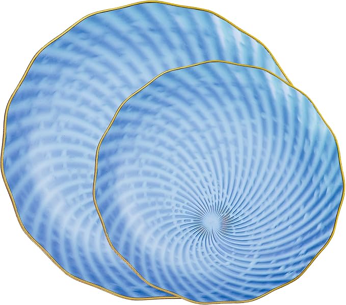 PLASTICPRO 30 Pack Plastic Plates Set of 15-10 inch Plate and 15-7 inch Plates, Elegant Clear Blue Spiral and Gold Rim Disposable Fancy Plate Premium Heavyweight
