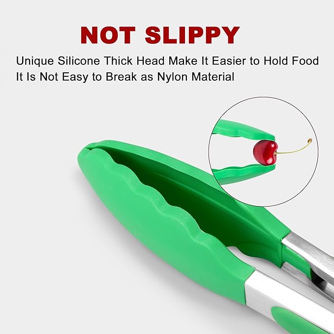 2 Pack Silicone Kitchen Tongs – 9" & 12" Set, Heat Resistant up to 500°F, Non‑Stick Cookware Safe, Wavy Silicone Tips, BPA Free, Locking Clip & Hanging Loop, Dark Green
