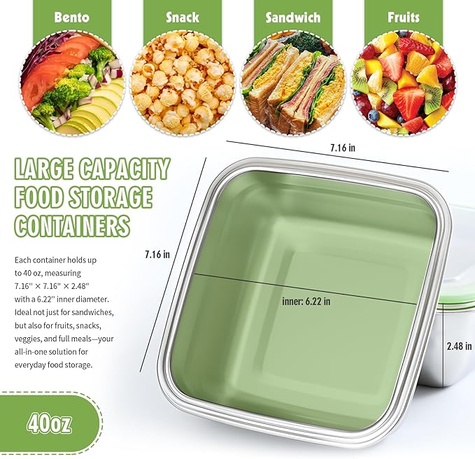 2 Pack Sandwich Containers, 40oz Stainless Steel Sandwich Box with Airtight Lids, Reusable Metal Meal Prep Lunch Boxes, BPA-Free, Dishwasher Safe, Large Capacity Food Storage Containers (Green)