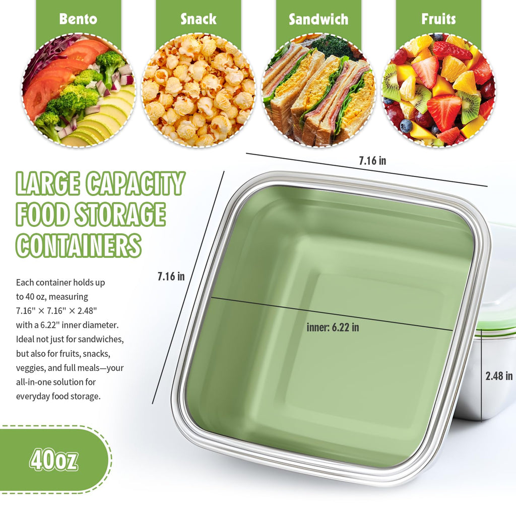 2 Pack Sandwich Containers, 40oz Stainless Steel Sandwich Box with Airtight Lids, Reusable Metal Meal Prep Lunch Boxes, BPA-Free, Dishwasher Safe, Large Capacity Food Storage Containers (Green)