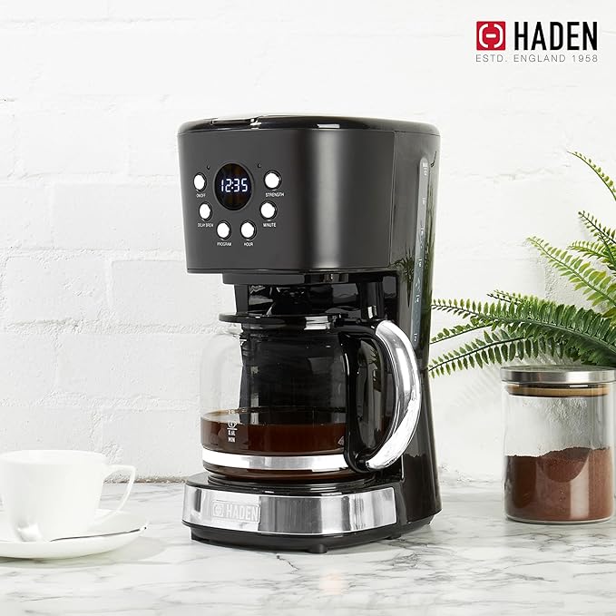 HADEN Heritage 4 Slice Wide Slot Stainless Steel Toaster Bundled with 12 Cup Programmable Drip Coffee Maker Coffee Machine, Black & Chrome