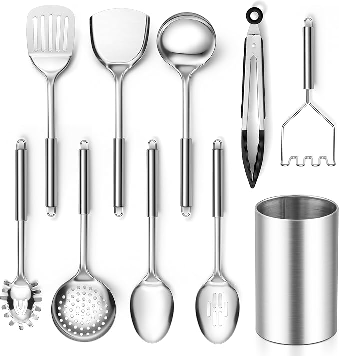 E-far Stainless Steel Kitchen Cooking Utensils Set, 10-Piece with Holder