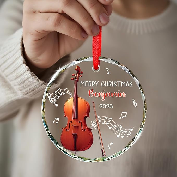 Cello Christmas Tree Glass Ornament, Personalized Text & Name Cello Musical Instrument Xmas Ornament Gifts for Musical Lover, Cellist Christmas Ornaments 2026, Custom Instrument Player Glass Keepsake
