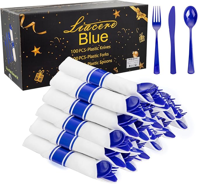 Liacere 100Pack Pre Rolled Blue Silverware and Napkin-Disposable Blue Plastic Utensils-Plastic Cutlery Set with Napkin:100 Forks,100 Knives,100 Spoons,100 Napkins for Wedding&Party&Independence Day