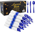 Liacere 100Pack Pre Rolled Blue Silverware and Napkin-Disposable Blue Plastic Utensils-Plastic Cutlery Set with Napkin:100 Forks,100 Knives,100 Spoons,100 Napkins for Wedding&Party&Independence Day