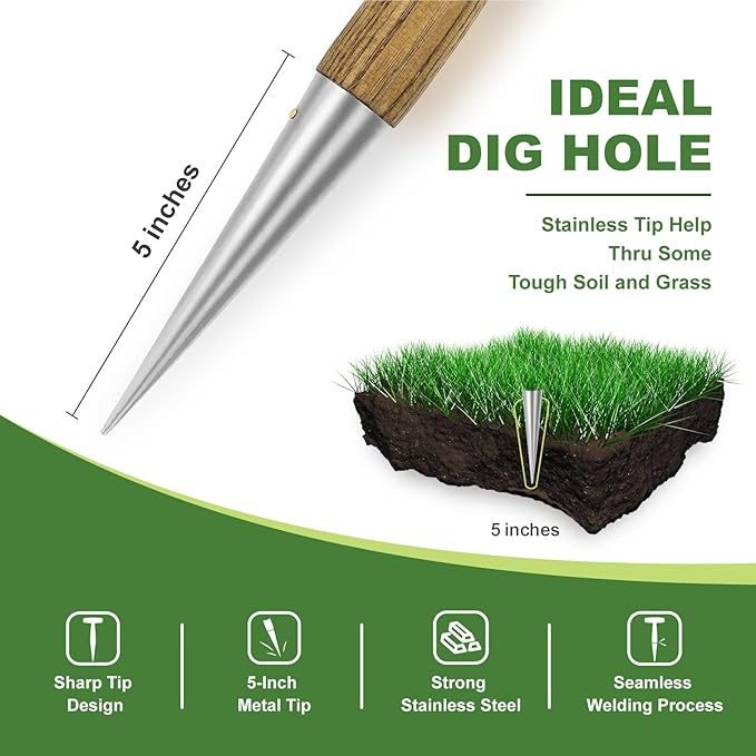 Haliaeetus Dibber Garden Tool, Stamped Stainless Steel Tip Seed Dibber